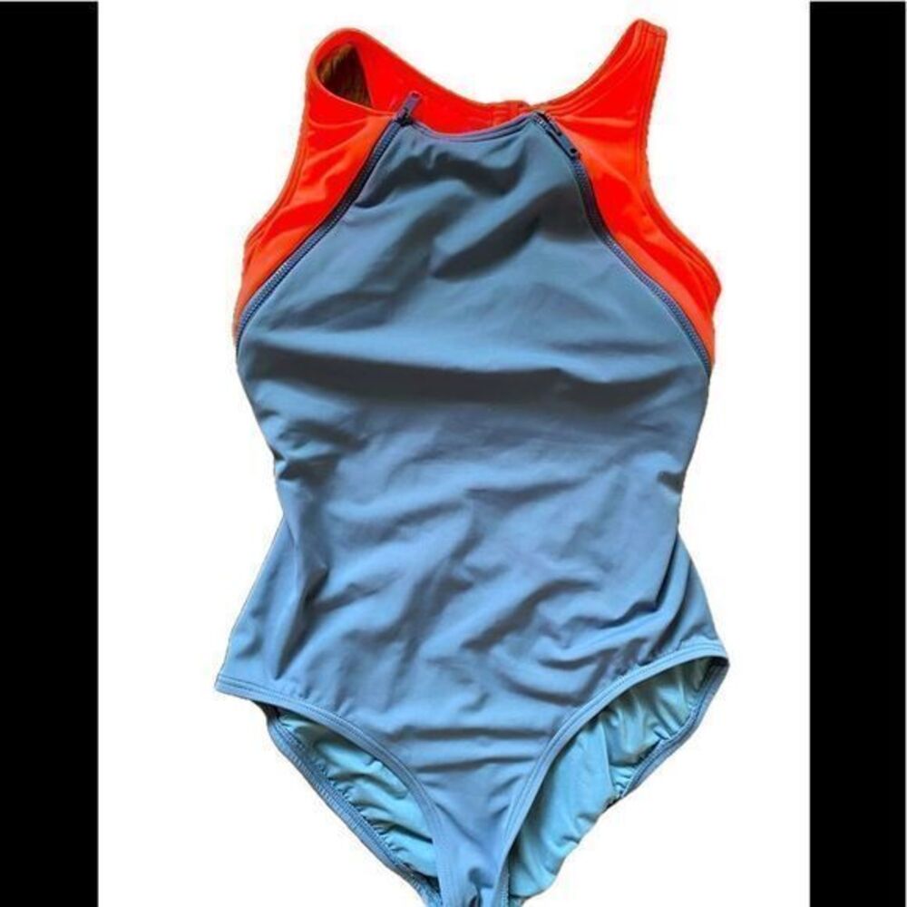 DKNY Swimsuit - 6 orange /gray w zippers , nylon spandex , like new